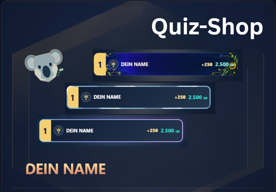 Koala-Avatar, gestaltete Spielerzeilen und ein Namensschriftzug für den Quizbusters-Stream